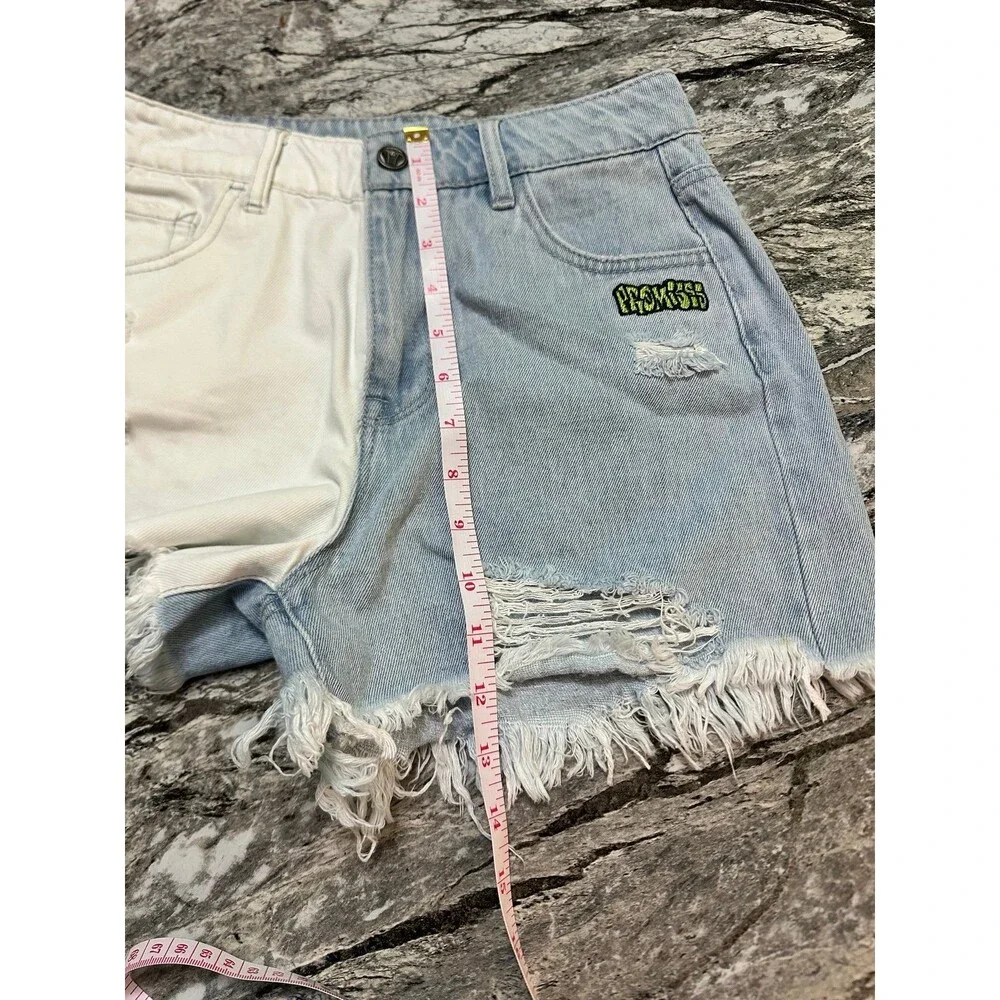 Broken Promises Two-Tone White & Light Blue Distressed Denim Shorts
